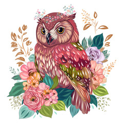 Owl among flowers and plants. Wise owl on a flowering branch. Vector graphics