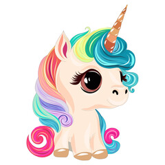 Unicorn with rainbow hair. Children's drawing of a small fairy-tale creature. Vector graphics