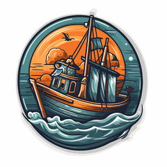 A small fishing boat on a stormy sea. Cartoon vector illustration. label, sticker, t-shirt printing