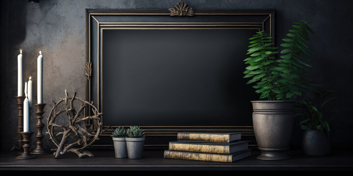 Charming Shelf Decor With Candle, Books, Picture Frame, Plant, And Candlesticks - Perfect For Cozy Interiors And Home Decor Photography Frame Mockup Template Generative AI