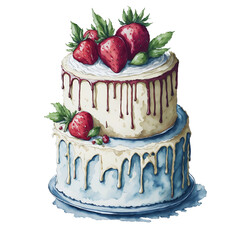 Watercolor hand drawn cake with berries on transparent background. Generated AI