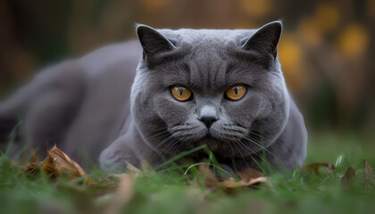 Watch this adorable British short-haired cat pounce and play on the lush green grass - a perfect picture of feline happiness!