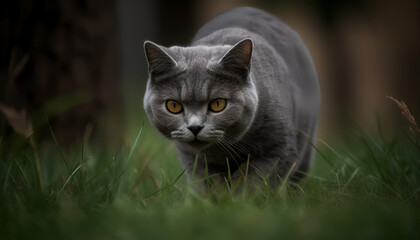 Naklejka na ściany i meble Watch this adorable British short-haired cat pounce and play on the lush green grass - a perfect picture of feline happiness!