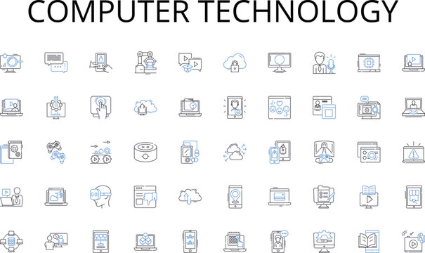 Computer technology line icons collection. Adtech, PPC, Impressions, Programmatic, Clicks, Conversion, CPM vector and linear illustration. ROI,Targeting,Analytics outline signs set Generative AI