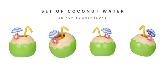 3d set of coconut water for summer time. summer vacation and holidays concept. icon isolated on white background. 3d rendering illustration. Clipping path.