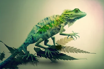 Zelfklevend Fotobehang Contemporary abstract artwork double exposure of green lizard and forest landscape design, concept of animal and natural wilderness adventure. Superb Generative AI. © Blue Planet Studio