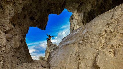 exploration adventure, cave trip and successful mountaineering