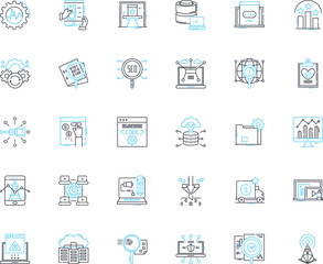 Social media analysis linear icons set. Engagement, Metrics, Sentiment, Virality, Insights, Monitoring, Reputation line vector and concept signs. Analytics,Performance,Influence outline illustrations