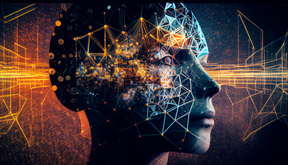 Spieleentwicklung von KI, Künstliche Intelligenz digitaler 3D Kopf mit futuristischem Design, Generative AI