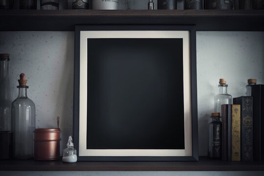 Stylish Home Decor: Picture Frame And Liquor Bottles On Shelves With Blackboard Wall And Hidden Liquor Bottle - Stock Photo Frame Mockup Template Generative AI