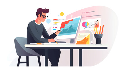 Businessperson uses vector graphics to bring characters to life, vector graphics