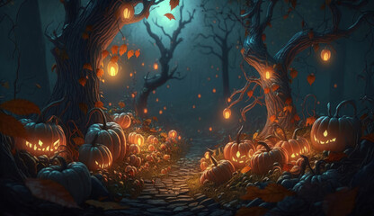 Obraz na płótnie Canvas Fantasy Forest full with Jack O Lantern, Halloween Background Illustration Create using Generative AI Tools