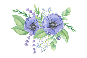 Floral arrangement of purple anemones, lavender and greenery. Wedding decorations. Botanical clipart. Watercolor illustration isolated on white background