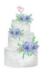 White wedding cake in three tiers, decorated with anemones and a figurine of two hearts. Watercolor illustration on a white background