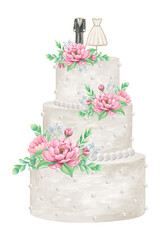 White wedding cake in three tiers, decorated with arrangements of pink peonies and figures of the bride's dress and groom's suit. Watercolor illustration on a white background