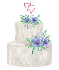 White wedding cake in two tiers, decorated with compositions of anemones and a figurine of two hearts. Watercolor illustration on a white background