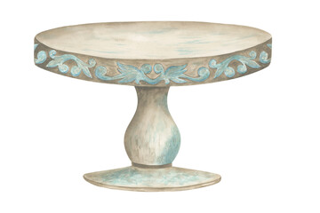 Wooden cake stand with a decorative pattern. Watercolor illustration isolated on white background
