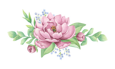 Flower arrangement of pink peony and eucalyptus branches. Wedding decorations. Botanical clipart. Watercolor illustration isolated on white background