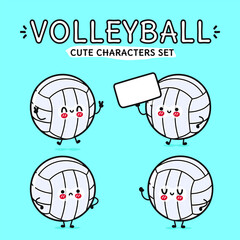Funny cute happy volleyball characters bundle set. Vector hand drawn doodle style cartoon character illustration icon design. Isolated on blue background. Volleyball ball mascot character collection