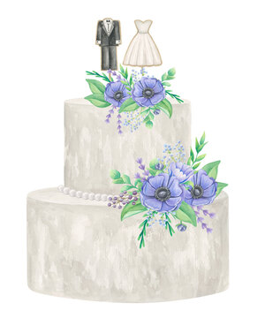 White wedding cake in two tiers, decorated with anemone compositions and figurines of the bride's dress and groom's suit. Watercolor illustration on a white background