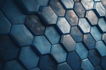 Blue textured 3D hexagonal wall tiles render. Generative AI