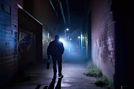 person walking down a dark alley at night, with their surroundings illuminated by a futuristic flashlight that also functions as a stun gun and pepper spray dispenser