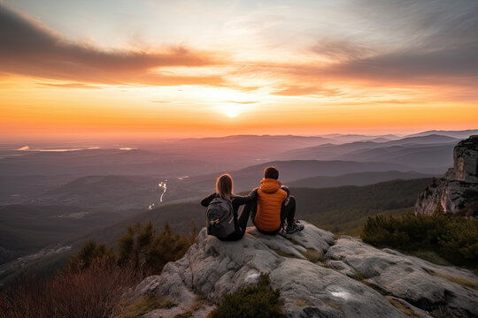 A couple watching the sunset from a mountaintop, sitting, with a panoramic view of the surrounding landscape stretching out below them