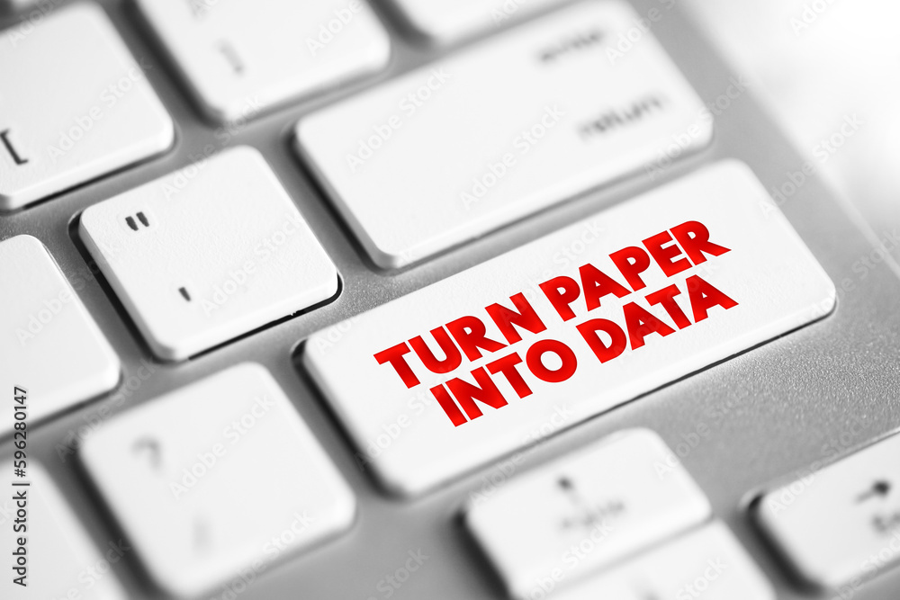 Poster turn paper into data text button on keyboard, concept background