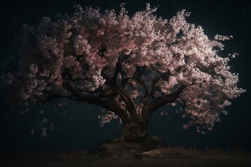Fototapeta na wymiar A stunning cherry blossom tree under the nighttime sky. Generative AI