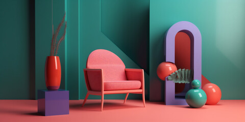 sofa colourful memphis armchair art interior home design geometric room ball. Generative AI.