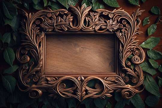 Natural Wood Frame With Leaf Decor And Potted Plant On Wooden Table And Floor Background - Stunning Stock Photo For Home Decor, DIY, And More! Frame Mockup Template Generative AI