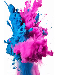 Bright watercolor paints with blue and pink color explosion and mix on white background. Color Ink In Water, Photographed In Motion. Swirling Paint