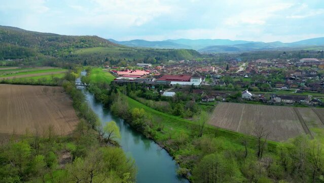 Drone flight over Crisul Alb river, near Gurahont town, Romania.