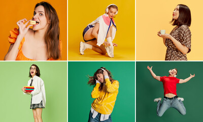 Collage made of different young people, man and women posing over multicolored background. Music, party, sport, education. Concept of youth, emotions, lifestyle, diversity, hobby, fashion