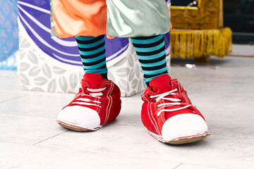 Close-up of clown's legs in striped socks and red sneakers