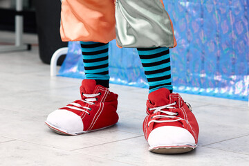 Close-up of clown's legs in striped socks and red sneakers