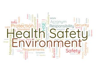 Word cloud background concept for Health Safety Environment (HSE). Business education regulation, safe workplace quality of security equipment permit. vector illustration.