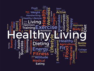 Word cloud background concept for Healthy living. diet exercise, fit lifestyle with organic food of eating energy. vector illustration.