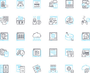 Business intelligence linear icons set. Analytics, Big Data, Dashboards, Insight, Visualization, Decisions, Trends line vector and concept signs. Metrics,Performance,Predictive outline illustrations