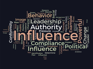Word cloud background concept for Influence. leadership influence power for client management, share strategy concept. vector illustration.