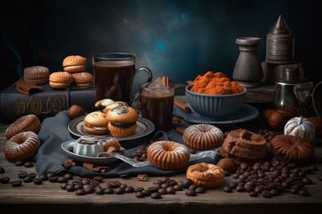 Fototapeta na wymiar Coffee and sweets arranged in a still life composition. Generative AI