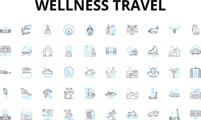 Wellness travel linear icons set. Relaxation, Rejuvenation, Serenity, Balance, Mindfulness, Healing, Nourishment vector symbols and line concept signs. Fitness,Renewal,Detox illustration