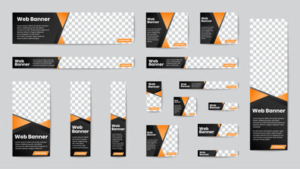 Business banner standard size in horizontal and vertical rectangle, and square template set for web design. Black and orange gradient triangle header with place of photos. Vector illustration.