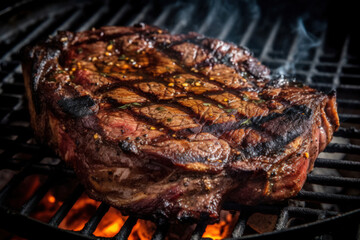 Bbq steak on the grill. Generative AI.
