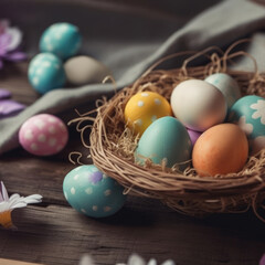 Easter colored eggs in a basket. Generative AI.