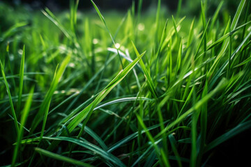 Obraz premium Green grass close-up super macro shooting. Generative AI.