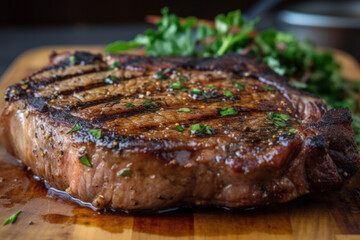 Grilled steak on a cutting board. Generative AI.
