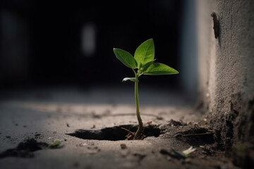 Young sprout sprouted through the asphalt. Generative AI.