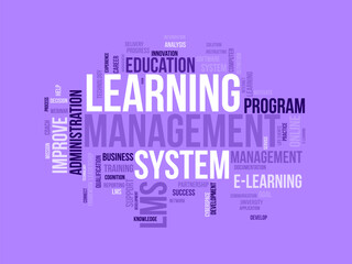 Word cloud background concept for Learning Management System(LMS). Business development goal, analysis of success knowledge improvement. vector illustration.
