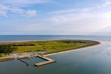 Fototapeta na wymiar Aerial view of Fort Morgan, Alabama beach in April 2023